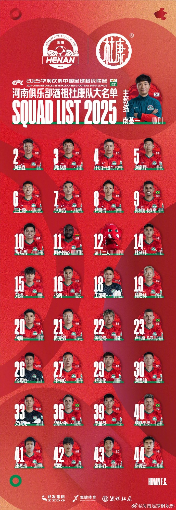 河南隊一線隊名單：5外援領(lǐng)銜，12號授予“第十二人”